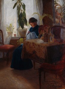 Intérieur avec femme cousant