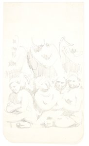Groupe avec des figures assises aux bras croisés au premier plan. Feuille d
