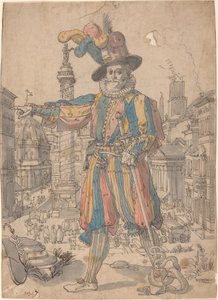 Giovanni Grosso des Gardes Suisses devant une vue de Rome - Swiss 17th Century after Francesco Villamena