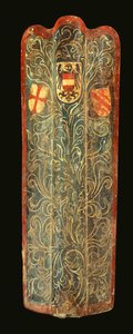 Pavise suisse rare en bois recouvert de toile peinte au gesso avec un motif de feuillage vert et les armoiries de Habsbourg, de la Ligue de Saint-Georges et de la ville de Winterthur, vers 1445