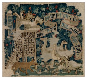 Coussin de tapisserie représentant le Renard, possiblement le Loup, prêchant aux oies, de Bâle
