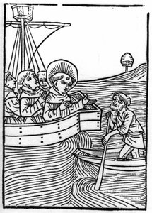 La légende de Saint Brendan (Brandan), héros et saint irlandais du 6ème siècle : Les confrères rencontrent un nain au bout du monde. Gravure de « Die Wunderbare Meerfahrt des Hl. Brandan » Bale