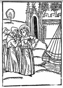 La légende de Saint Brendan, héros et saint irlandais du 6ème siècle. Les moines et Saint Brendan découvrent le Paradis Terrestre. Gravure de « Die Wunderbare Meerfahrt des Hl. Brandan » - Swiss School