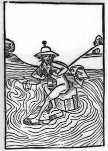 La légende de Saint Brendan, héros et saint irlandais du 6ème siècle : La rencontre avec Judas souffrant de nombreux tourments. Gravure de « Die Wunderbare Meerfahrt des Hl. Brandan » - Swiss School