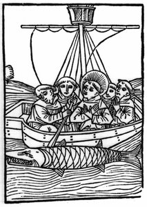 La légende de Saint Brendan (Brandan), héros et saint irlandais du 6ème siècle : La rencontre avec le poisson géant Isconius. Gravure de « Die Wunderbare Meerfahrt des Hl. Brandan » Bale