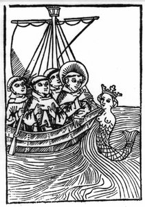 La légende de Saint Brendan (Brandan), héros et saint irlandais du 6ème siècle. La rencontre de Saint Brendan avec la Sirène. Gravure de « Die Wunderbare Meerfahrt des Hl. Brandan » - Swiss School