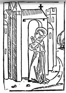La légende de Saint Brendan (Brandan), héros et saint irlandais du 6ème siècle. Le retour du saint à son monastère. Gravure de « Die Wunderbare Meerfahrt des Hl. Brandan. » Bâle - Swiss School