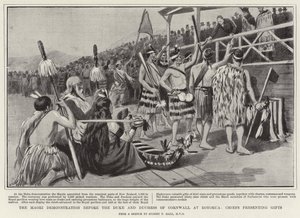 La démonstration maorie devant le duc et la duchesse de Cornouailles à Rotorua, chefs présentant des cadeaux