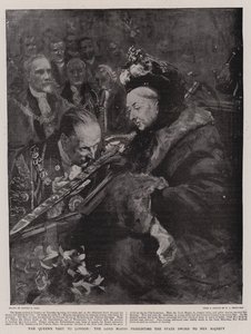La visite de la reine à Londres, le lord-maire présentant l