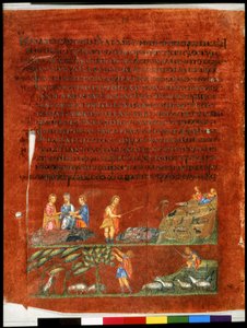 Pleine page : texte et miniature : Laban remettant le mouton noir à ses fils (miniature) - Syrian School