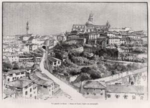 Vue générale de Sienne (Italie). Gravure de Taylor pour illustrer le récit « À travers la Toscane » par Eugène Müntz (1845-1902), dans Le Tour du Monde 1892, dirigé par Édouard Charton (1807-1891), Hachette, Paris. - T Taylor