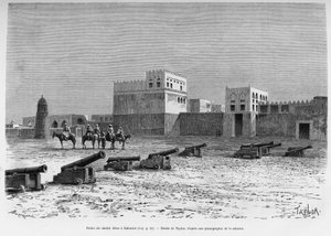 Palais du Sheikh Aissa à Bahreïn, Tchad. Gravure de Taylor pour illustrer le récit À Suse, journal des excavilles