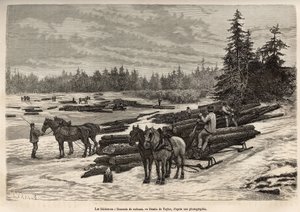 La descente des radeaux en Ontario, les bûcherons déchargent les troncs coupés et les installent sur la rivière gelée, puis lors du dégel, les troncs seront emportés par le courant jusqu