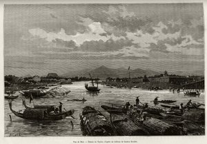 Vue de Hué (Vietnam), avec description de la navigation sur la rivière Song Huong et la pagode Thien Mu, derrière les murs d