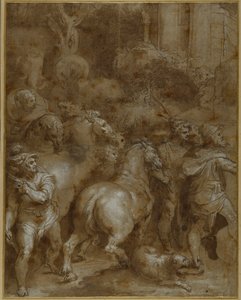 Chevaux et hommes, tournés vers la droite - Taddeo Zuccaro