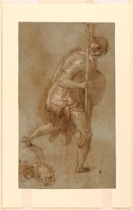 Soldat courant : Étude pour une figure au premier plan à gauche, "La trahison du Christ," Rome, S. Maria della Consolazione, chapelle Matttei ; Études séparées de deux têtes - Taddeo Zuccaro