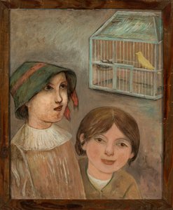 Deux fillettes sous une cage avec un canari - Tadeusz Makowski