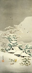 Scène de neige à Sawatari dans le district de Joshu, vers 1930, gravure sur bois en forme de o-tanzaku, civilisation japonaise, période Meiji-Showa - Takahashi Shotei