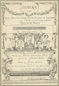 Page de titre du Souvenir de la première représentation anniversaire à Londres de La Veuve Joyeuse - Talbot Hughes