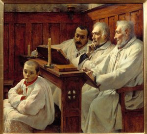 Le Credo Prêtres et enfant de chœur lisant la Bible