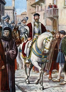 Portrait de Cosme I de Toscane (Cosimo de Medici) circulant dans les rues de Florence, entouré de membres de sa milice composée de soldats espagnols et allemands