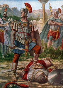 Antiquité romaine : Le consul Titus Manlius Imperiosus Torquatus défait un Gaulois en 361 avant J.-C. Illustration de Tancredi Scarpelli