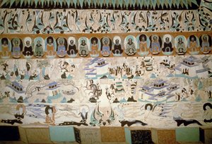 Bouddha et scènes de la vie quotidienne, fresque datant de la dynastie Tang, Chine, 7e-10e siècle