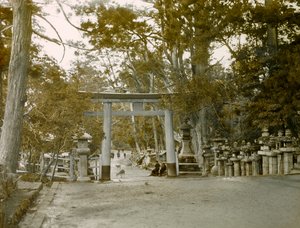Entrée du sanctuaire des lanternes dans le parc de Kasauga Taisha, Nara, vers 1900 - 1915 (photographie)