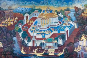 Fresque représentant des scènes du Ramayana au Wat Phra Kaeo, Palais Royal, Bangkok, Thaïlande