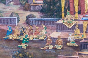 Fresque représentant des scènes du Ramayana au Wat Phra Kaeo, le Grand Palais Royal, Bangkok, Thaïlande - Thai School