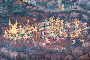 Fresque représentant des scènes du Ramayana au Wat Phra Kaeo, le Palais Royal, Bangkok, Thaïlande