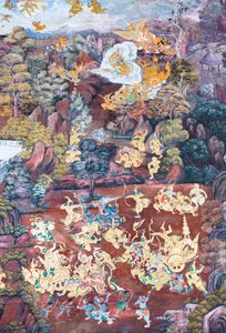 Fresque représentant des scènes du Ramayana au Wat Phra Kaeo, Palais Royal, Bangkok, Thaïlande