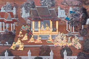 Fresque représentant des scènes du Ramayana au Wat Phra Kaeo, Palais Royal, Bangkok, Thaïlande