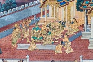 Fresque représentant des scènes du Ramayana au Wat Phra Kaeo, le Palais Royal, Bangkok, Thaïlande