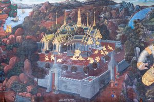 Fresque représentant des scènes du Ramayana au Wat Phra Kaeo, le Grand Palais Royal, Bangkok, Thaïlande