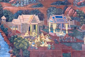 Fresque représentant des scènes du Ramayana au Wat Phra Kaeo, le Grand Palais Royal, Bangkok, Thaïlande