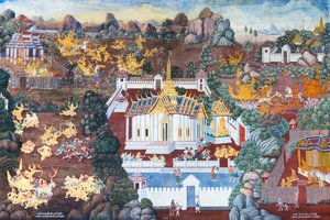 Fresque représentant des scènes du Ramayana au Wat Phra Kaeo, le Grand Palais Royal, Bangkok, Thaïlande