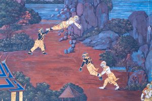 Fresque représentant des scènes du Ramayana au Wat Phra Kaeo, le Grand Palais Royal, Bangkok, Thaïlande
