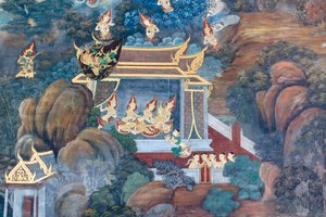 Fresque représentant des scènes du Ramayana au Wat Phra Kaeo, le Grand Palais Royal, Bangkok, Thaïlande