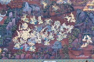 Fresque représentant des scènes du Ramayana au Wat Phra Kaeo, le Palais Royal, Bangkok, Thaïlande