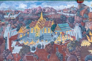 Fresque représentant des scènes du Ramayana au Wat Phra Kaeo, le Palais Royal, Bangkok, Thaïlande