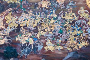 Fresque représentant des scènes du Ramayana au Wat Phra Kaeo, le Palais Royal, Bangkok, Thaïlande