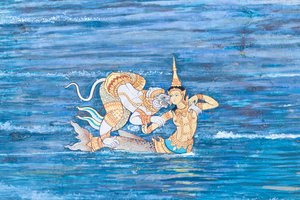 Fresque représentant des scènes du Ramayana à Wat Phra Kaeo, le Grand Palais Royal, Bangkok, Thaïlande