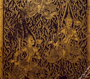 Armoire pour sutra, bois sculpté et laqué, de Bangkok, Thaïlande (détail) - Thai School