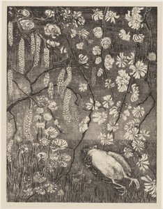 Petit oiseau mort sous des branches de noisetier et de chèvrefeuille (Bloemstudies)