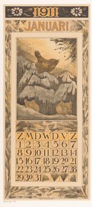 Page de calendrier de janvier avec troglodyte et souris (Kalender 1911 12 lithografien door Th. v. Hoytema)