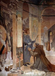 Le roi Louis IX (Saint Louis) présente la Charte de Fondation du Collège de Sorbonne à Robert de Sorbon (1201-1274) son confesseur en 1257