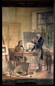 Paléontologie : le baron Georges Cuvier (1769-1832) réunit les documents pour son travail sur les os fossiles. Fresque par Théobal Chartran (1849-1907). Université de la Sorbonne, Paris
