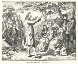 La Cour des Muses de Weimar : le poète et dramaturge allemand Friedrich Schiller lisant au château de Tiefurt, avec Christoph Martin Wieland, Johann Wolfgang Goethe et Johann Gottfried Herder parmi les auditeurs (gravure)
