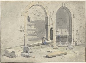 Fontaine contre un mur de ville, avec un escalier intégré